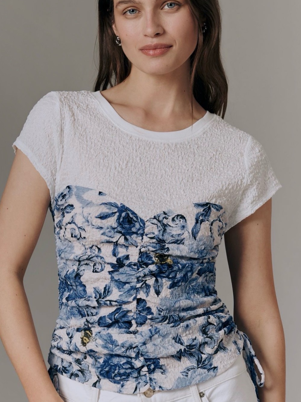 Maeve Anthropologie Ruched Corset Short Sleeve Top